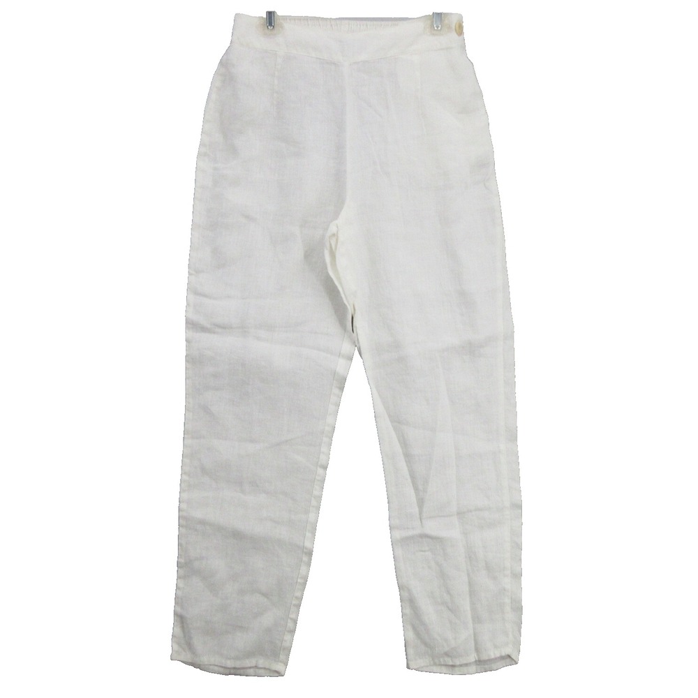 FLAX Designs Linen Pants Small White Side Button Elastic Waist New